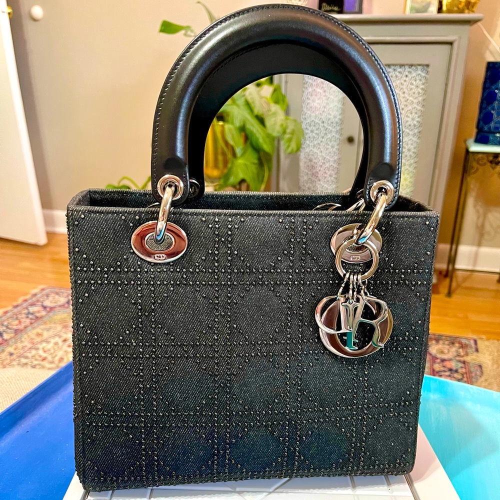Dior Black Denim Studded Medium Lady Dior Bag